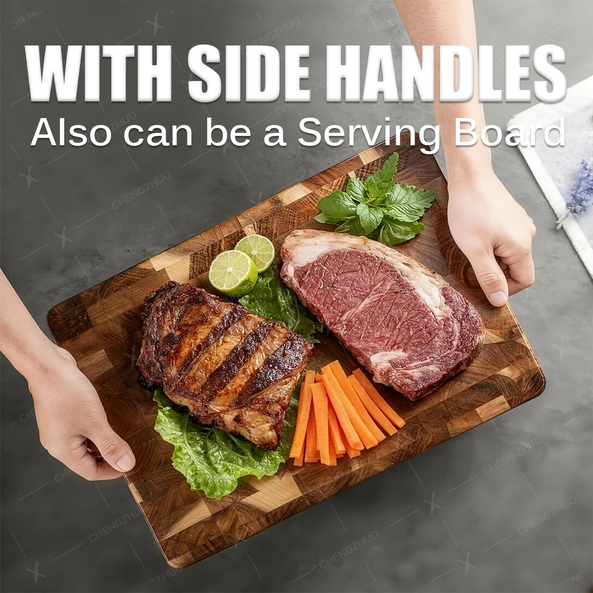 2-Sided Moisture-Proof Wooden Cutting Board + Stainless Steel Kitchen Knives and Cutlery