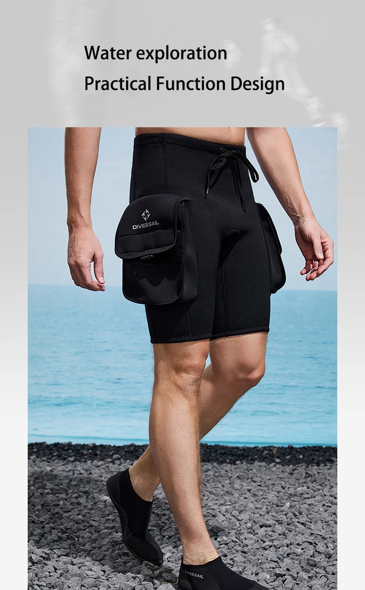 3mm Neoprene Wetsuit Tech Shorts Keep Warm Unisex Wetsuit Cargo Shorts D-Ring Buckle Leak Hole for Diving Equipment Accessories