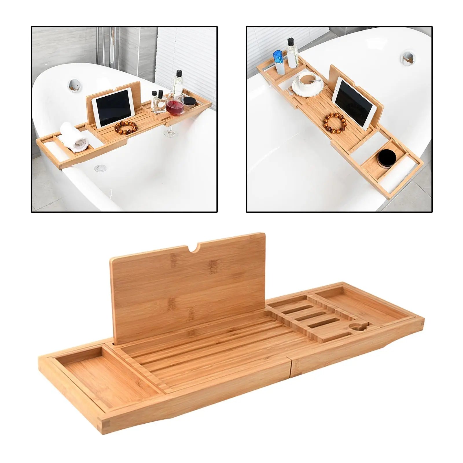 Multi-purpose wooden tray for bathtub, books and phones