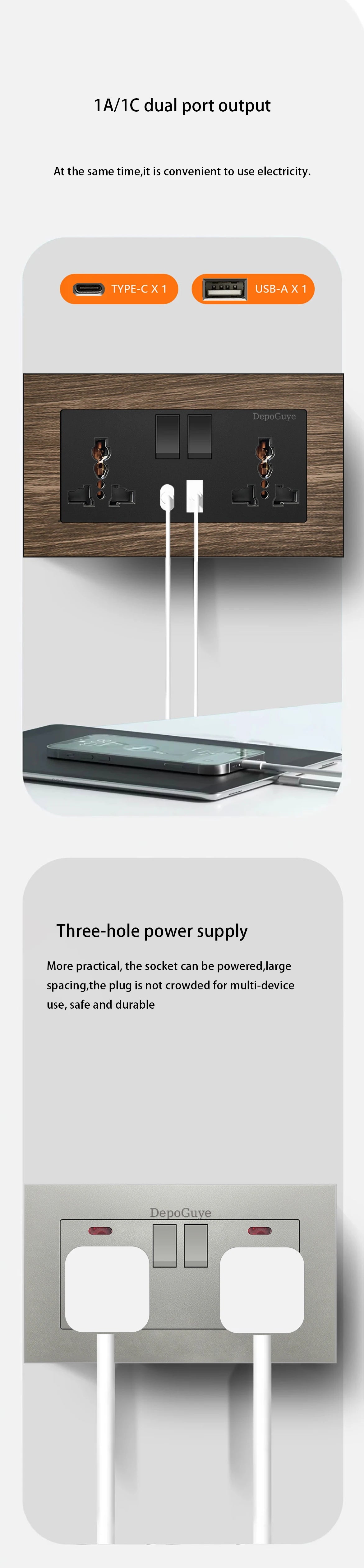 Universal 18W Type-C Plug Quick Charging Dual 3-pin Power Socket 220V,Wall electrical Socket with DC 5V 3.1A Type-c USB Charger