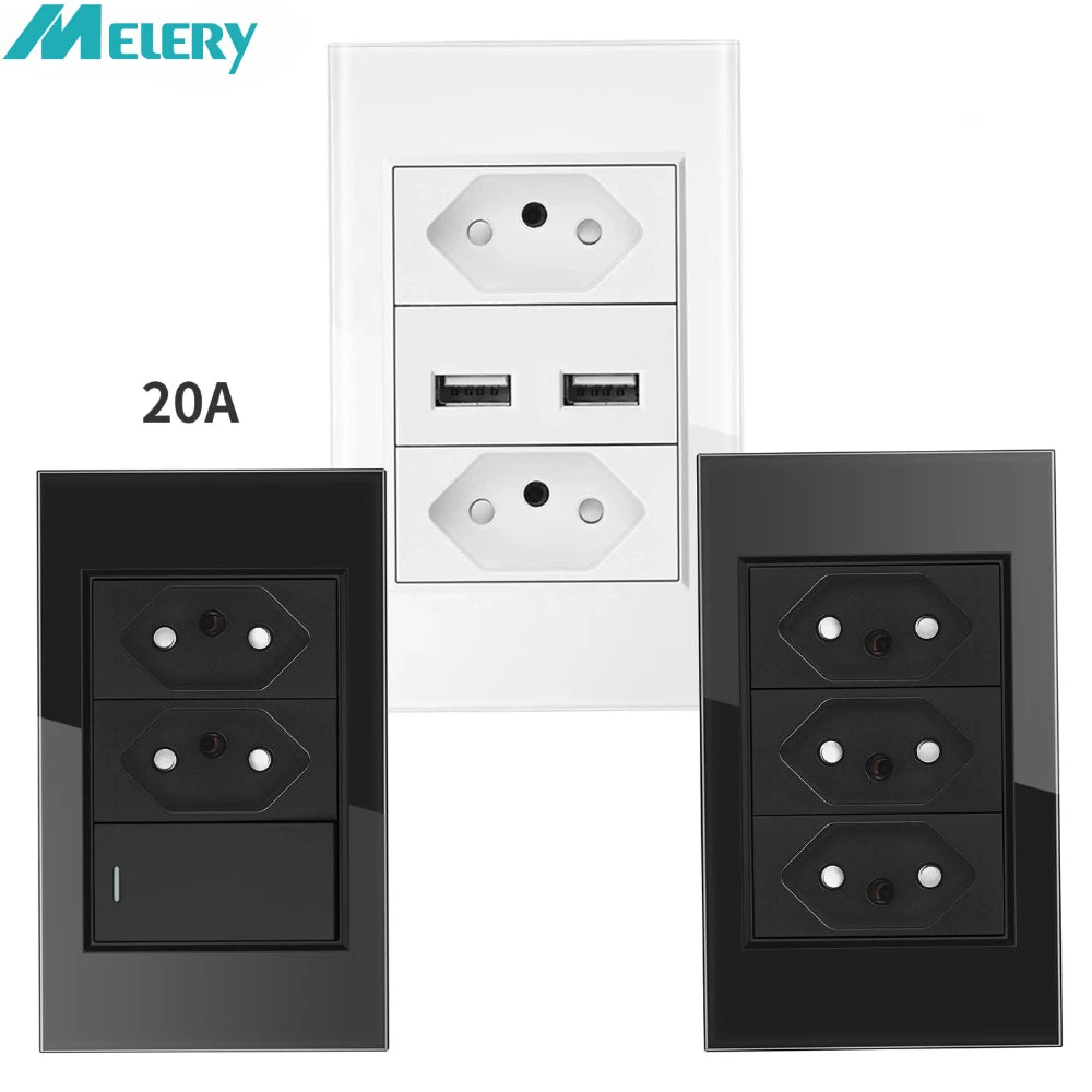 Ổ cắm điện màu đen và trắng, có cổng USB và công suất 20A.