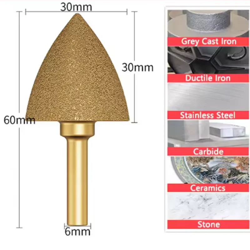1pc 6mm Round Shank Vacuum Brazed diamond Burr grinding head Rotary File For Stone Gray Cast Iron Ductile Iron Steel Engraving