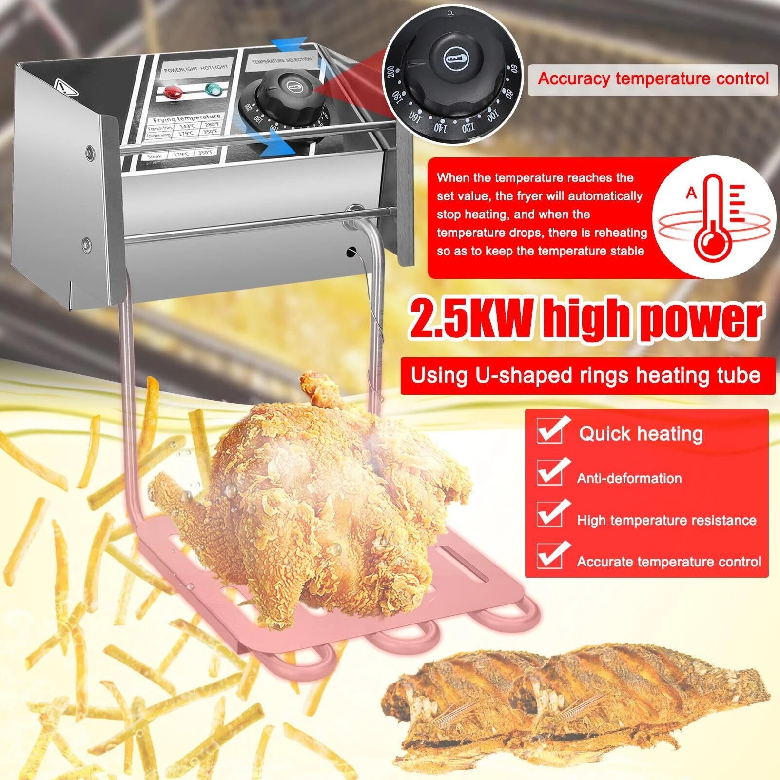 Aoresac 6L Electric Deep Fryer with Removable Oil Filtration Basket 1500W Stainless Steel Automatic Thermostatic Fish Frye