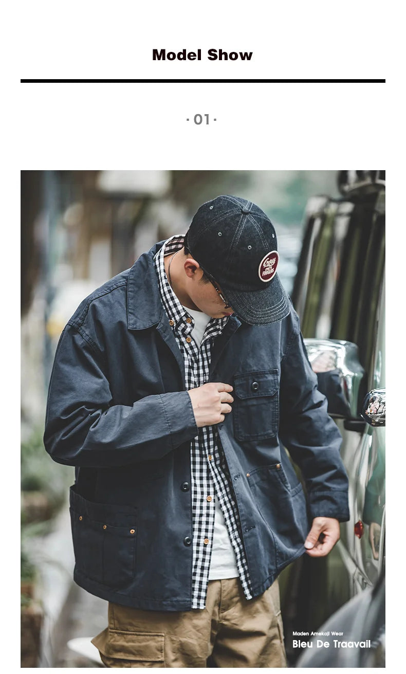 Maden Navy Men's Jacket Multi-Pocket Comfortable Spring Autumn