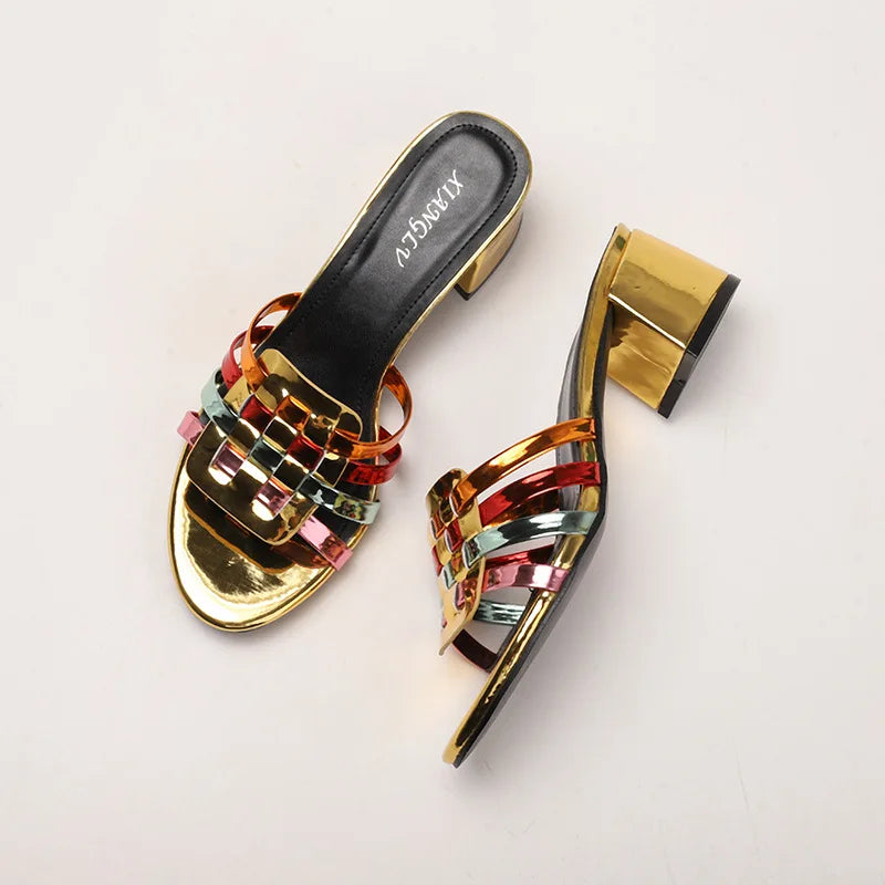 High-end Perforated Women's Flat Sandals with Fashionable Square Heels