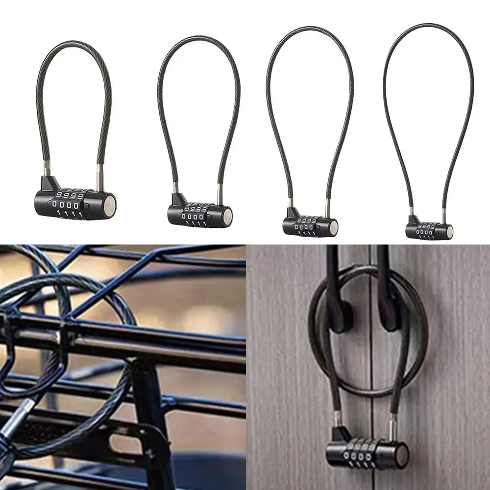 Bốn ổ khóa dây màu đen, một ổ khóa móc xe đạp, một ổ khóa móc cửa tủ.