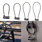 Bốn ổ khóa dây màu đen, một ổ khóa móc xe đạp, một ổ khóa móc cửa tủ.