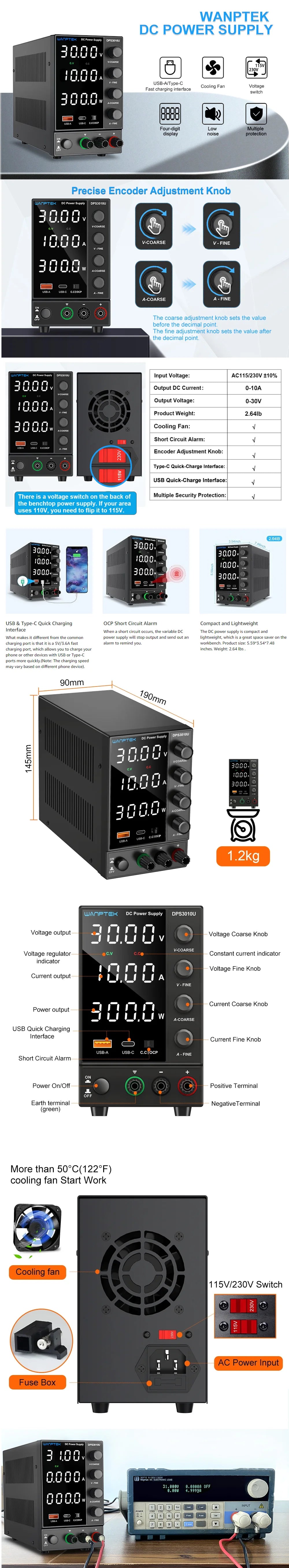 Wanptek DC Power Supply 30V 10A 5A Variable Bench Power Supply Adjustable Lab Power Supply 60V 5A 120V 3A Voltage Regulator