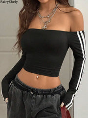 Women's Sexy Off-Shoulder Y2K Bodycon T-Shirt Fall Winter 2025