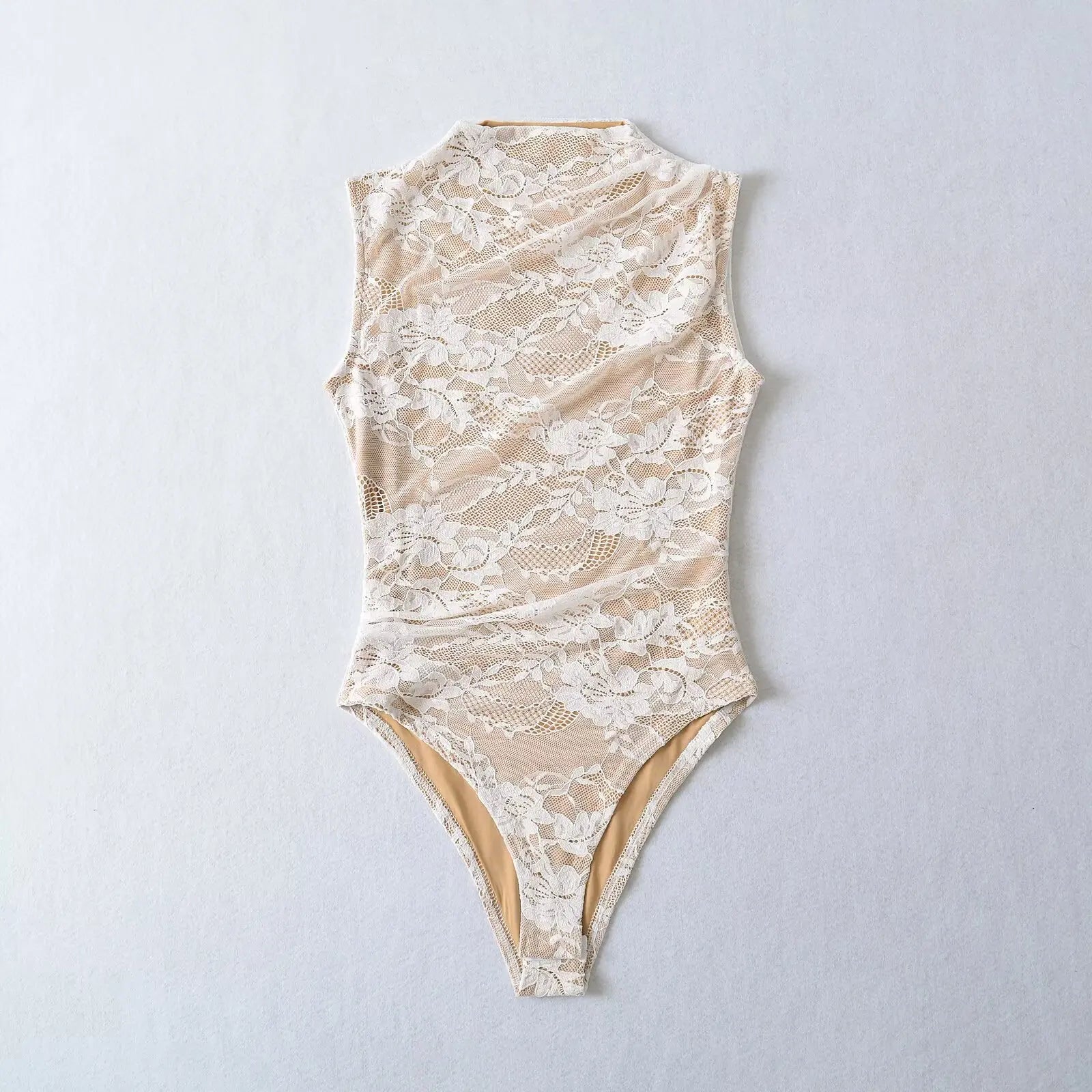 Fall 2025 color-blocked lace bodysuit, high neck, sleeveless, sexy