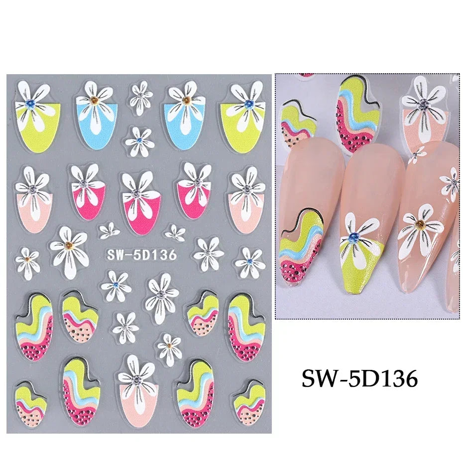 5D Colorful Daisy Flower Nail Art Sticker Lace Heart Spring Hollow Petals Boho Style French Engraved Slider Manicure Decorations - Daisan Mart