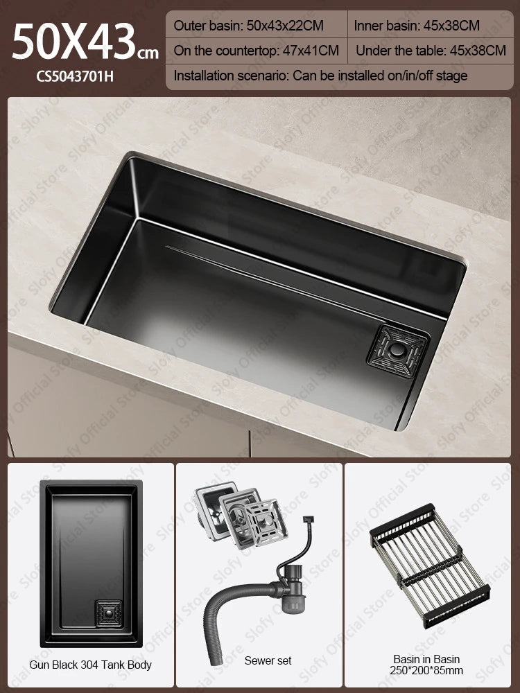 304 Stainless Steel Kitchen Sink Black Single Bowl Thickened Material Wear-Resistant Vegetable Workstation Drainage Accessories - Daisan Mart