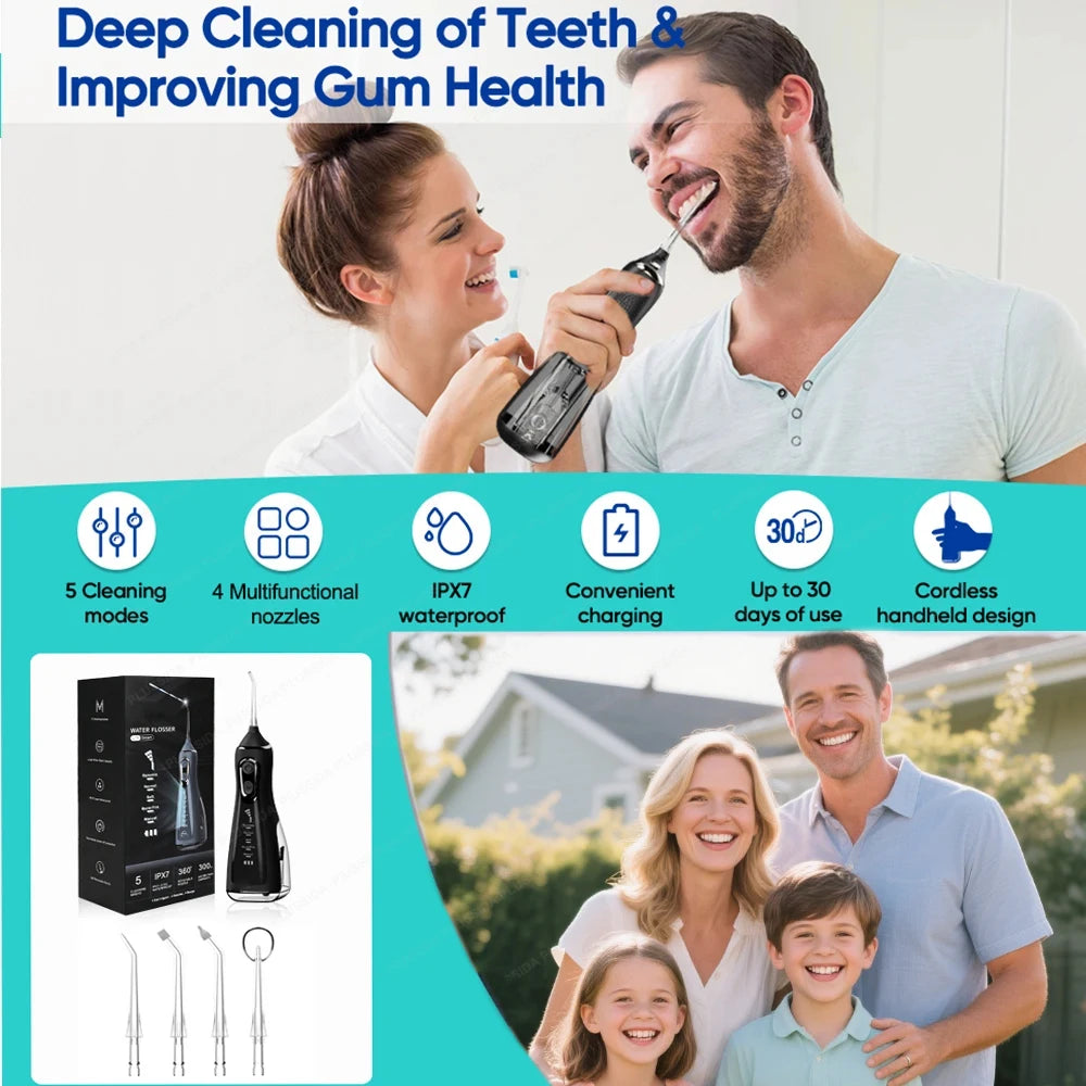 Oral Irrigator Portable Water Flosser Dental Pick 5 Modes 360° Rotated Jet For Cleaning Teeth Thread Floss Mouth Washing Machine - Daisan Mart