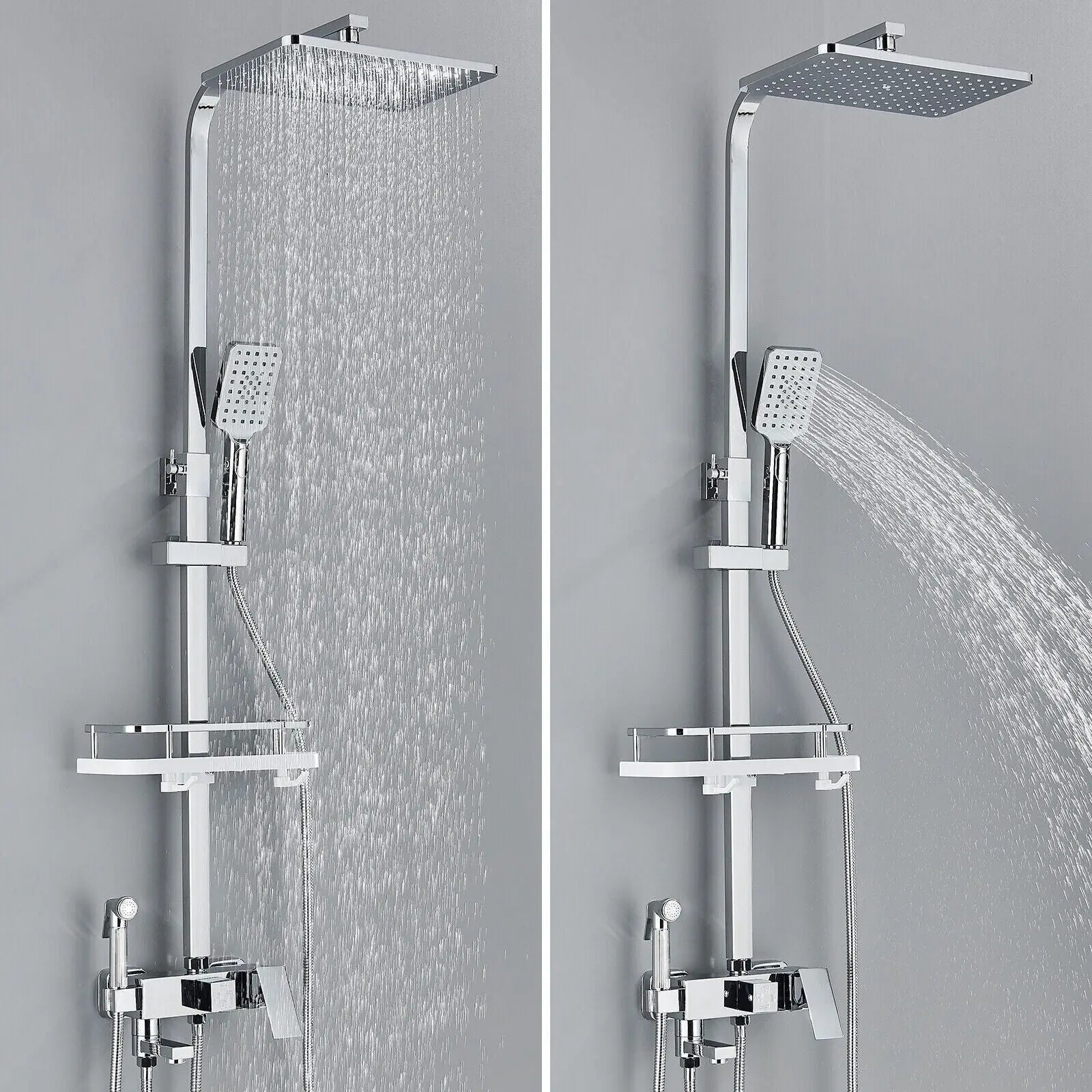 Chrome Brass Shower Faucet Set Rainfall Bathtub Tap With Bathroom Shelf 4 Function Height Adjust Shower Mixer Crane Fast Delivey