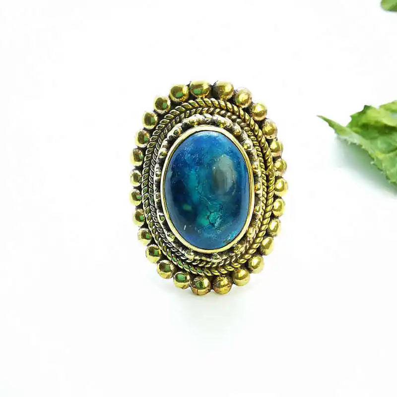 Large Oval Natural Stone Gold Plated Semi-Precious Stone Ring R230