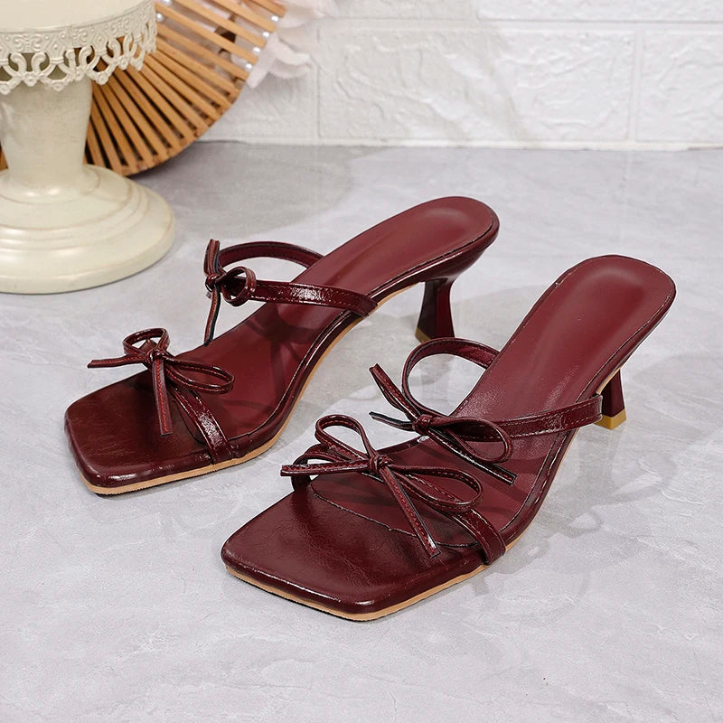 Wine Red High Heel Sandals with Square Bow for Women Summer Party