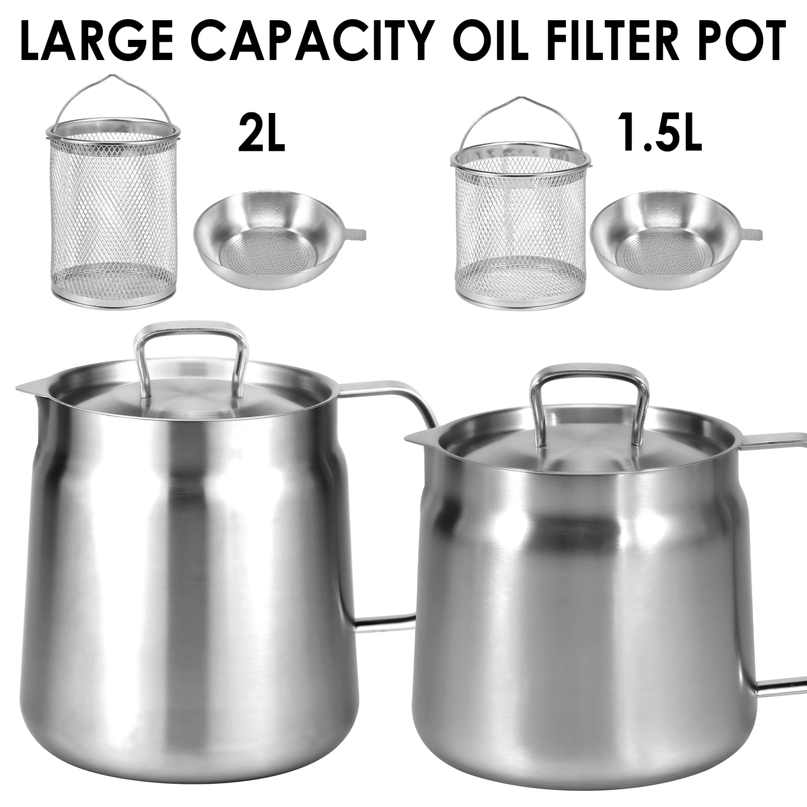 Oil Filter Pot 1.5L/2L Deep Fryer Pot with Basket Stainless Steel Deep Fryer Pasta Strainer Basket Chicken Fried Food Strainer