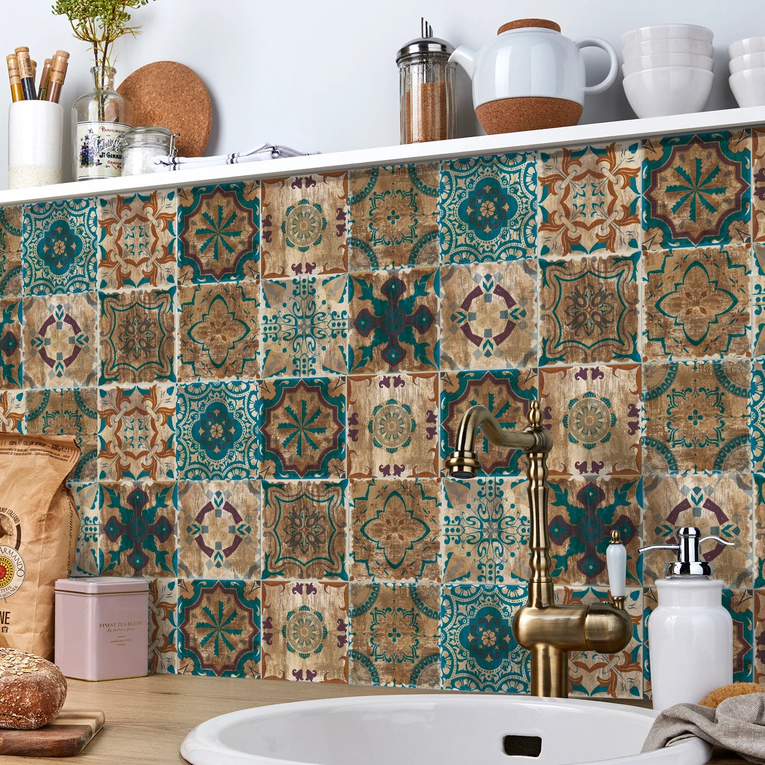 24 Pieces of Moroccan Style PVC Waterproof Self-Adhesive Wall Stickers, Peel and Stick on Living Room and Bedroom Tile Stickers
