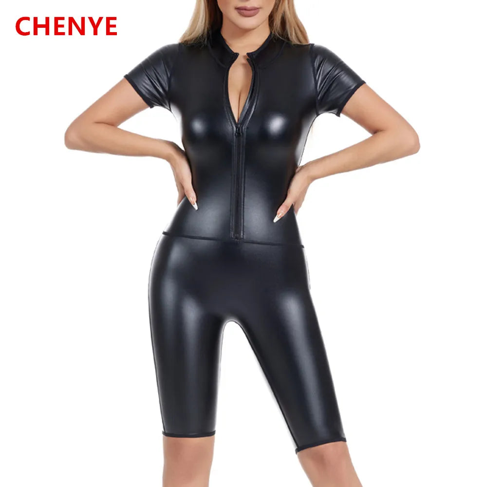 Faux Leather Shapewear Short Romper Jumpsuit Leotard Shirt Top Women Body Shaper Metallic Zip Front Stretch BlouseLady Bodysuits