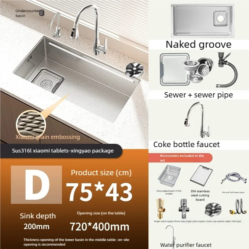 316L Stainless Steels Kitchen Sink Scratch and Grease Resistant Large Single Slot Household Left Right Mount Undermount Basin - Daisan Mart