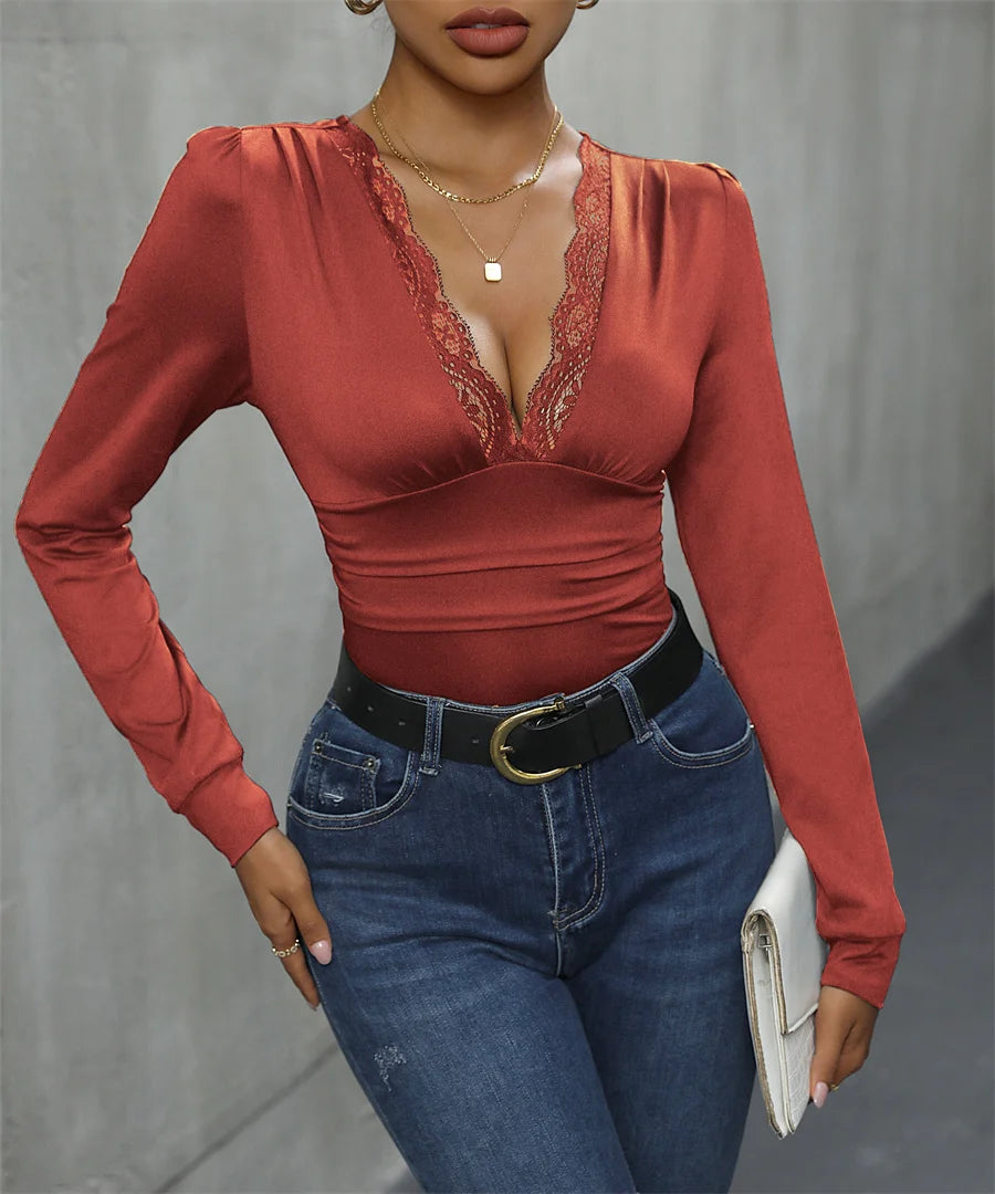 Benuynffy Sexy Deep V-neck Contrast Lace Bodysuit Women's Spring Fall Long Sleeve Club Party Elegant One-piece Body Tops - Daisan Mart