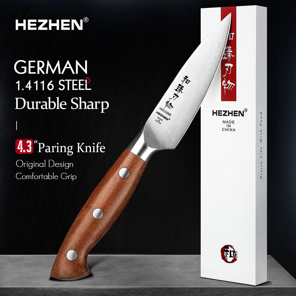 Bộ Dao Bếp HEZHEN 1/5PC - Lưỡi Thép, Cán Gỗ Đỏ