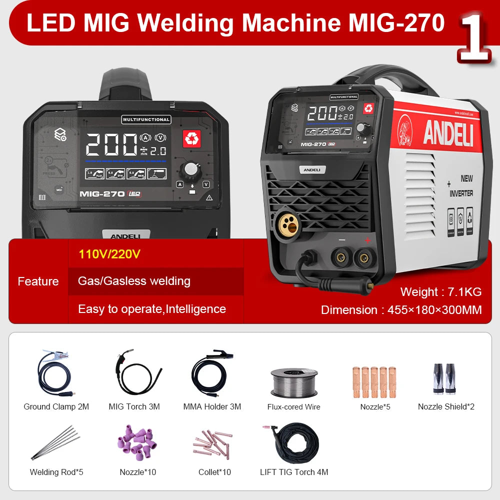 ANDELI Semi-automatic MIG welding machine MIG Lift TIG ARC Gas/Gasless Welding Inverter Synergy Multiprocess MIG Welders - Daisan Mart