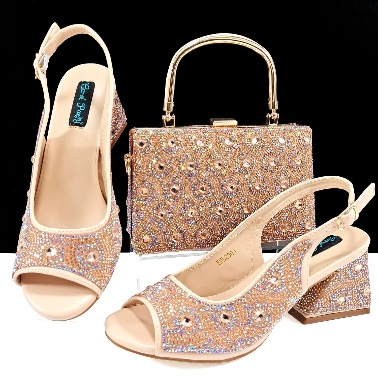 2024 Rhinestone Shoes and Bag Set - Trendy Green