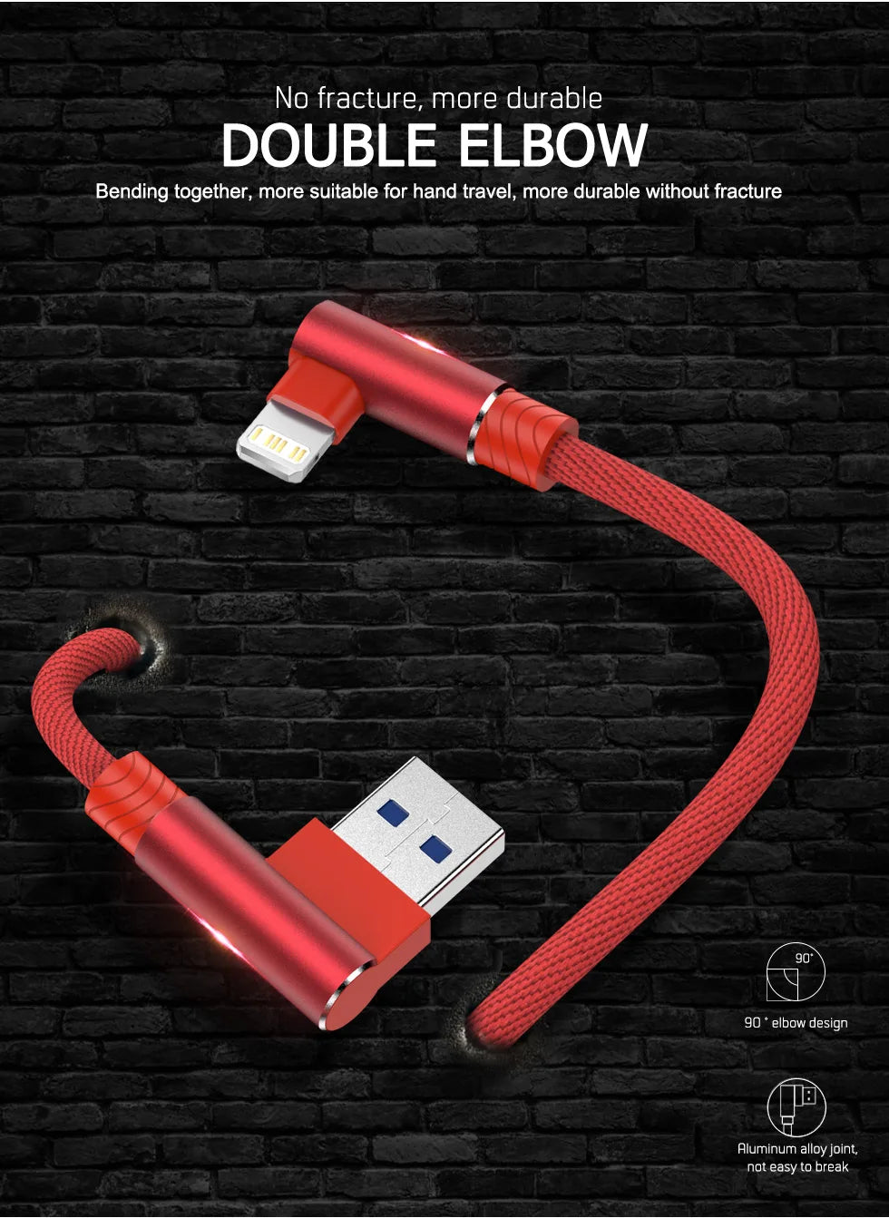 90 Degree Angle Fast Charging Cable 1/2/3m Length For iPhone/iPad