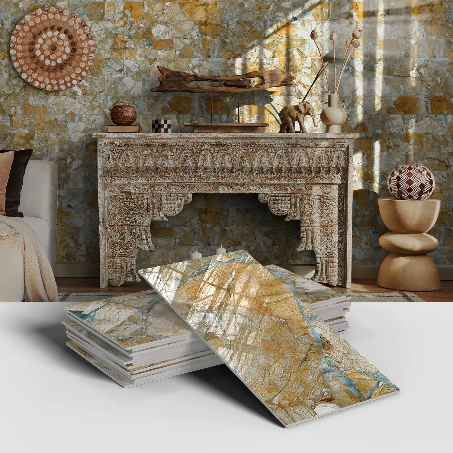 Set of 16 Waterproof Stone Pattern Foam Wall Stickers for Kitchen