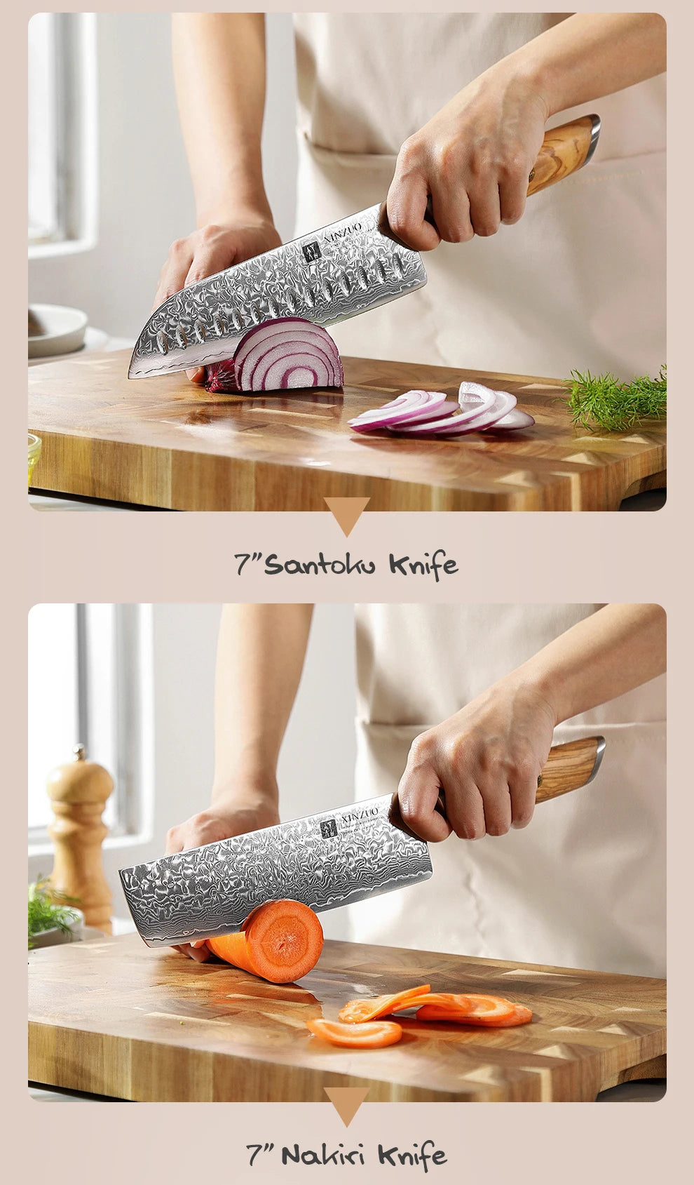 XINZUO 1-8pcs Kitchen Knife Set 73 Layers Custom Damascus Steel 15°±1 Per Side Steel Blade with Olive Wood Handle - Daisan Mart