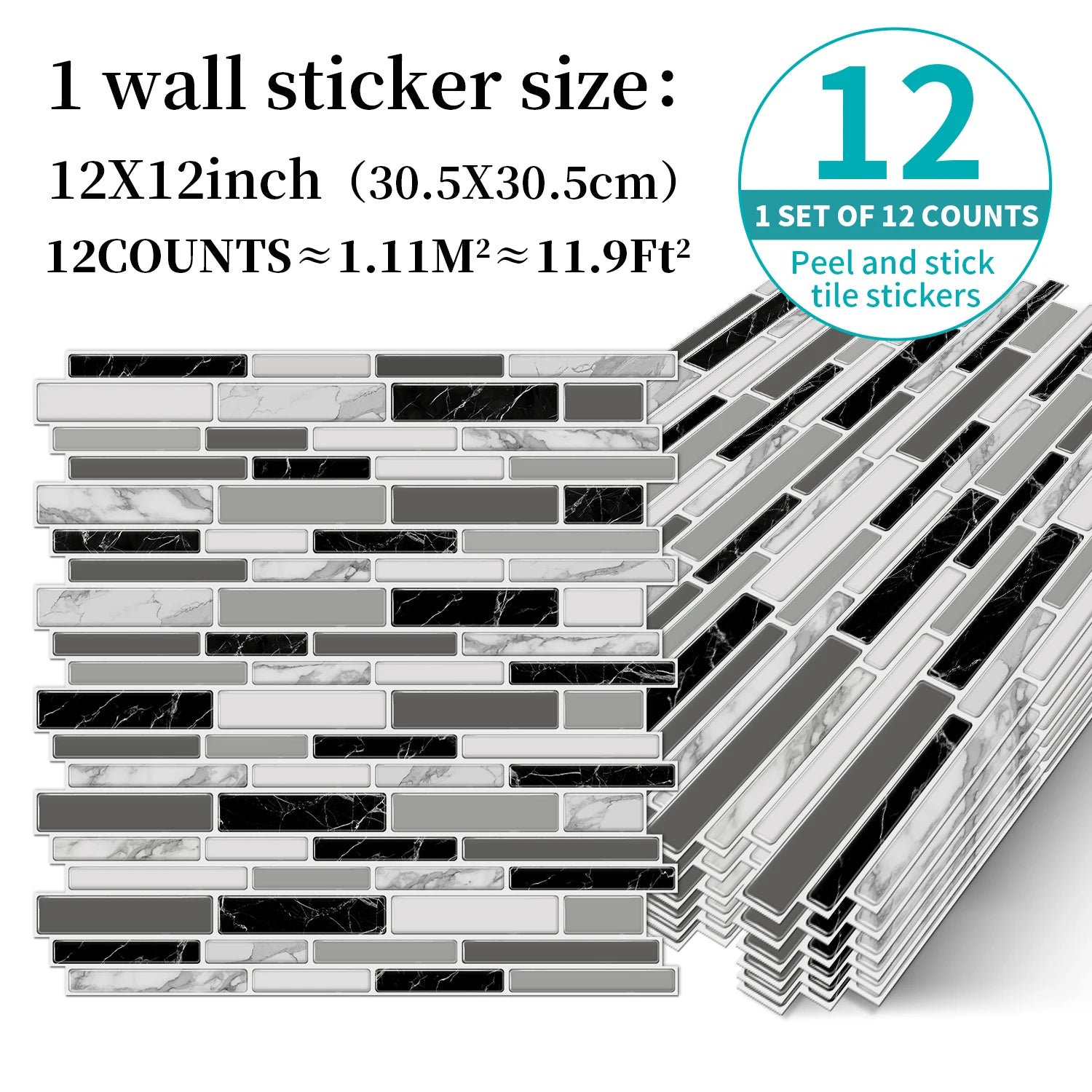 1/12pcs Classic Black And White Tile Marble Room Decoration Kitchen Living Room Waterproof Self-Adhesive Wall Sticker Detachable