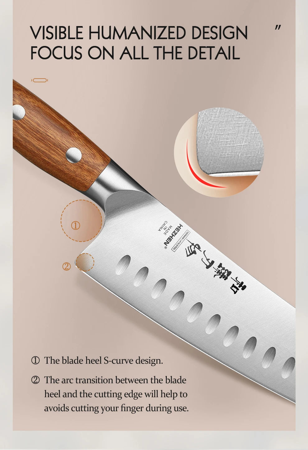 Bộ Dao Bếp HEZHEN 1/5PC - Lưỡi Thép, Cán Gỗ Đỏ