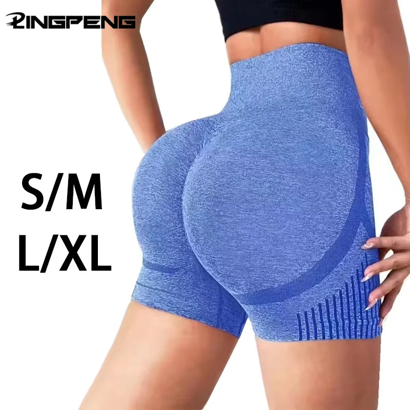 Quần short màu xanh, co giãn, ôm sát cơ thể, với chi tiết sọc đậm và chữ "S/M L/XL".