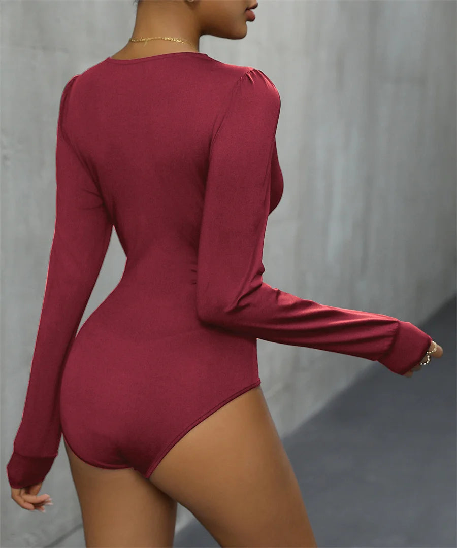Benuynffy Sexy Deep V-neck Contrast Lace Bodysuit Women's Spring Fall Long Sleeve Club Party Elegant One-piece Body Tops - Daisan Mart