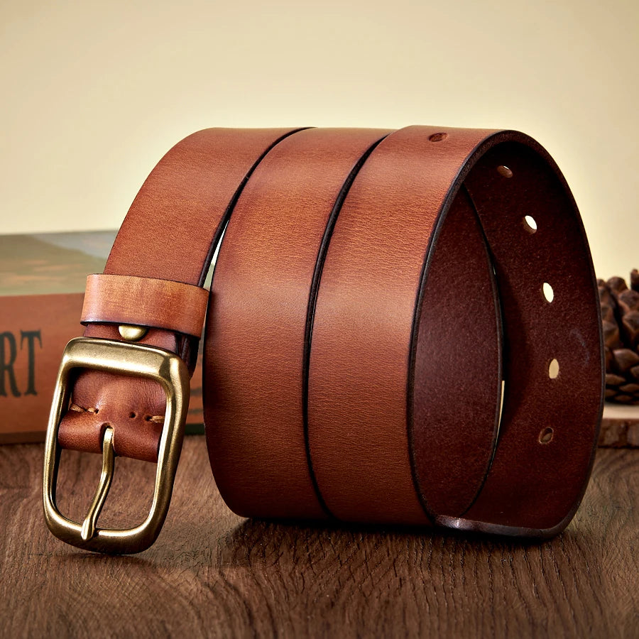 High Quality Men's Cowhide Belt - Vintage Copper Buckle