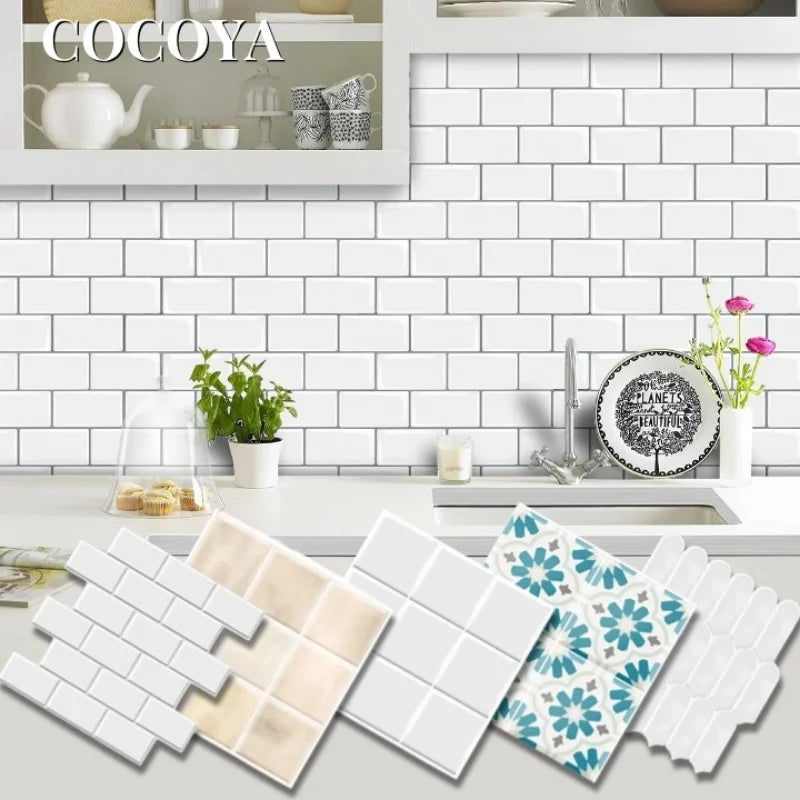 1/4/8 Sheets 3D Faux Tile Wall Sticker White Self Adhesive Tiles Waterproof Wallpaper Backsplash for Kitchen Living Room Decor
