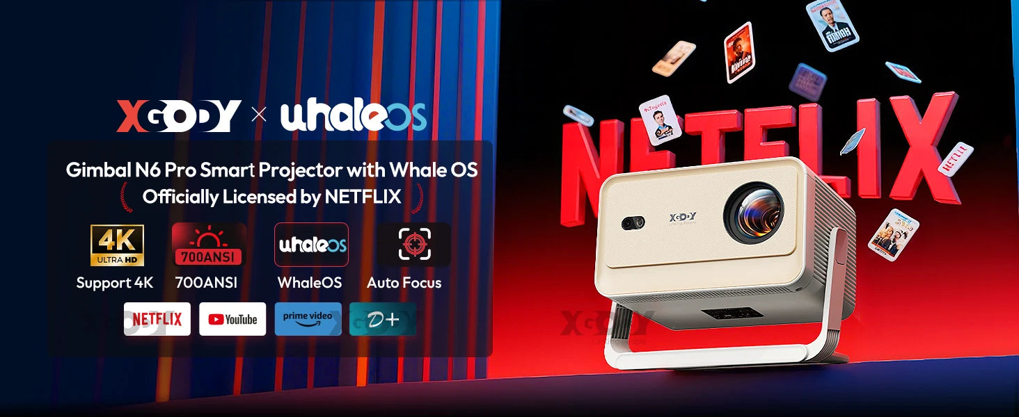 XGODY Gimbal N6 Pro 4K Projector Netflix Officially 700 Ansi Native 1080P Auto Focus Whale OS TV for Movie Home Theater - Daisan Mart