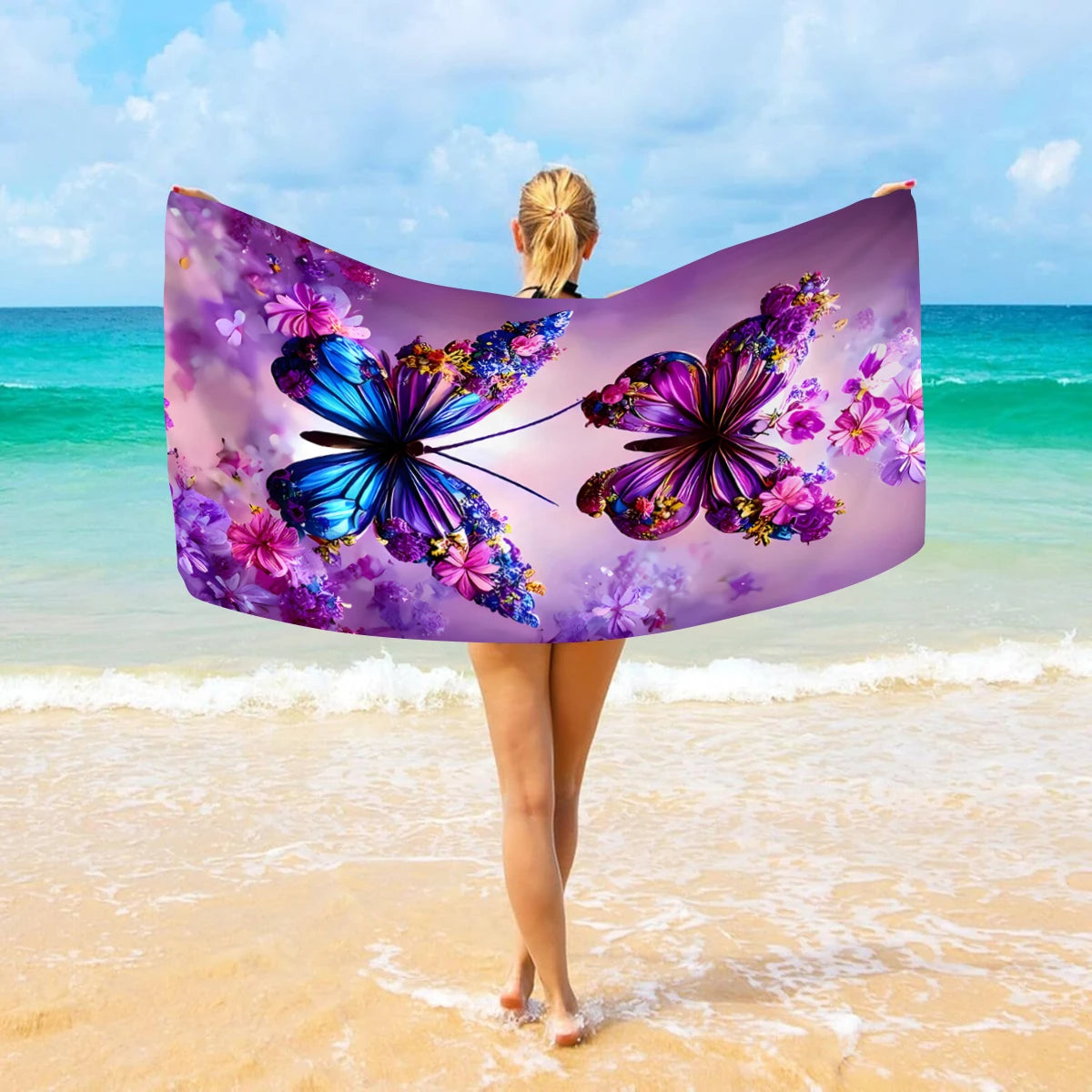Khăn Biển Đa Năng In Bướm Hoa Sợi Siêu Mịn 1 Chiếc