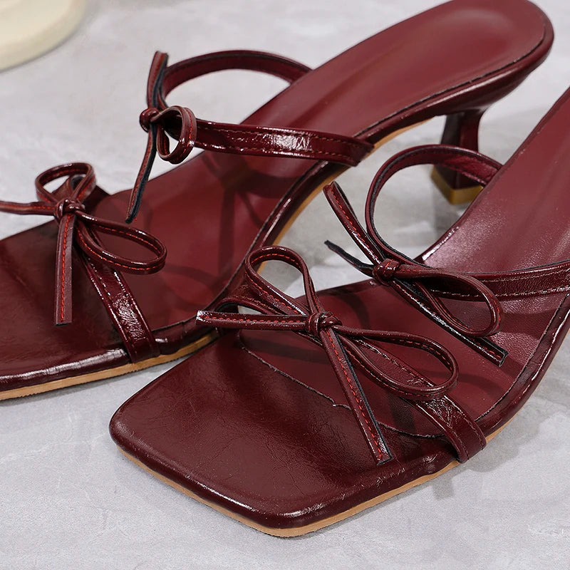 Wine Red High Heel Sandals with Square Bow for Women Summer Party