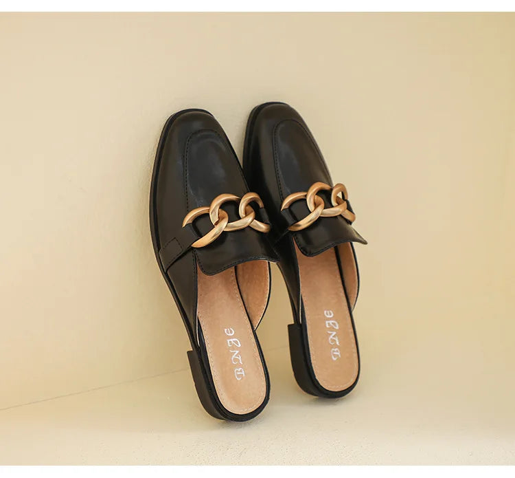 Women's Fashion Mules - Square Toe Black and White Chain