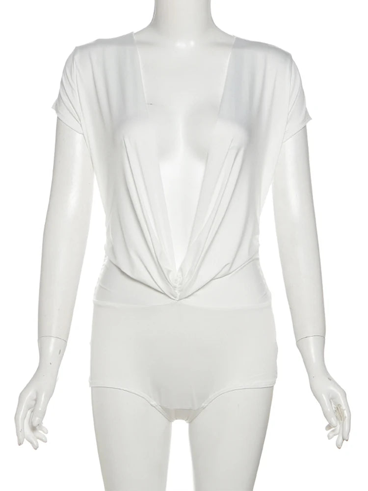 Nibber Deep v-Neck Bodysuits Women Folds Skinny High Elasticity Solid Simple Classic Sexy Midnight Summer Streetwear Outfits