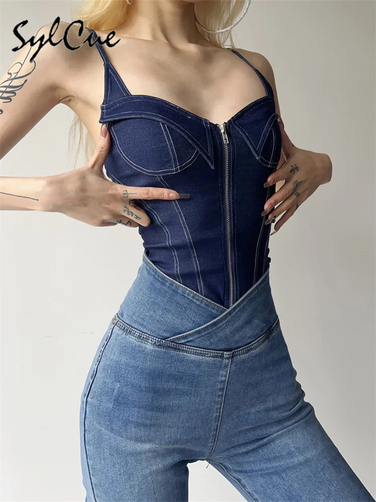 Sylcue 2023 Summer New Classic Retro Cool All-Match High Street Sexy Mature Charm Hot Women'S Zipper Jumpsuit Bodysuit