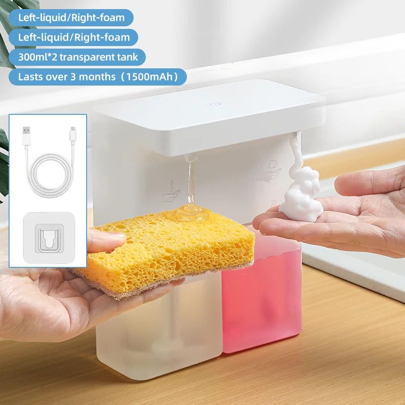 600ml Automatic Foam Soap Dispenser Double-Head Touchless Rechargeable 3-Level Adjustable Induction Sensor for Kitchen Bathroom
