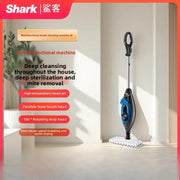 Máy lau sàn hơi nước Shark màu xám, xanh, đứng dựa tường trong phòng sáng.