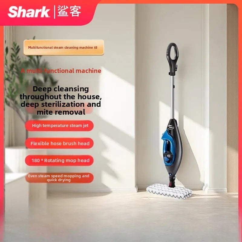 Máy lau sàn hơi nước Shark màu xám, xanh, đứng dựa tường trong phòng sáng.