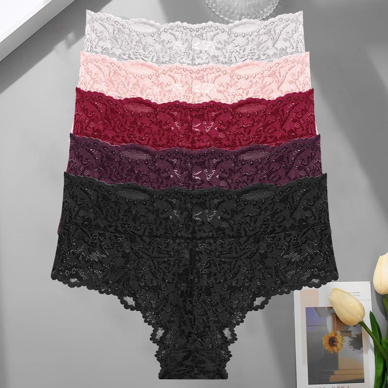 5PCS Women's Sexy Lace Star High Waist Thongs Solid Color Hollow Out Transparents Underwear Female Perspective G-strings S-XXL