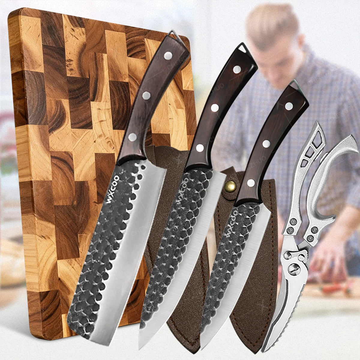 2-Sided Moisture-Proof Wooden Cutting Board + Stainless Steel Kitchen Knives and Cutlery
