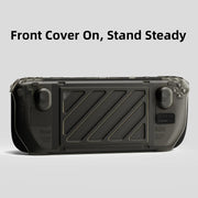Vỏ bảo vệ màu đen cho máy chơi game, có chữ "Front Cover On, Stand Steady" phía trên.