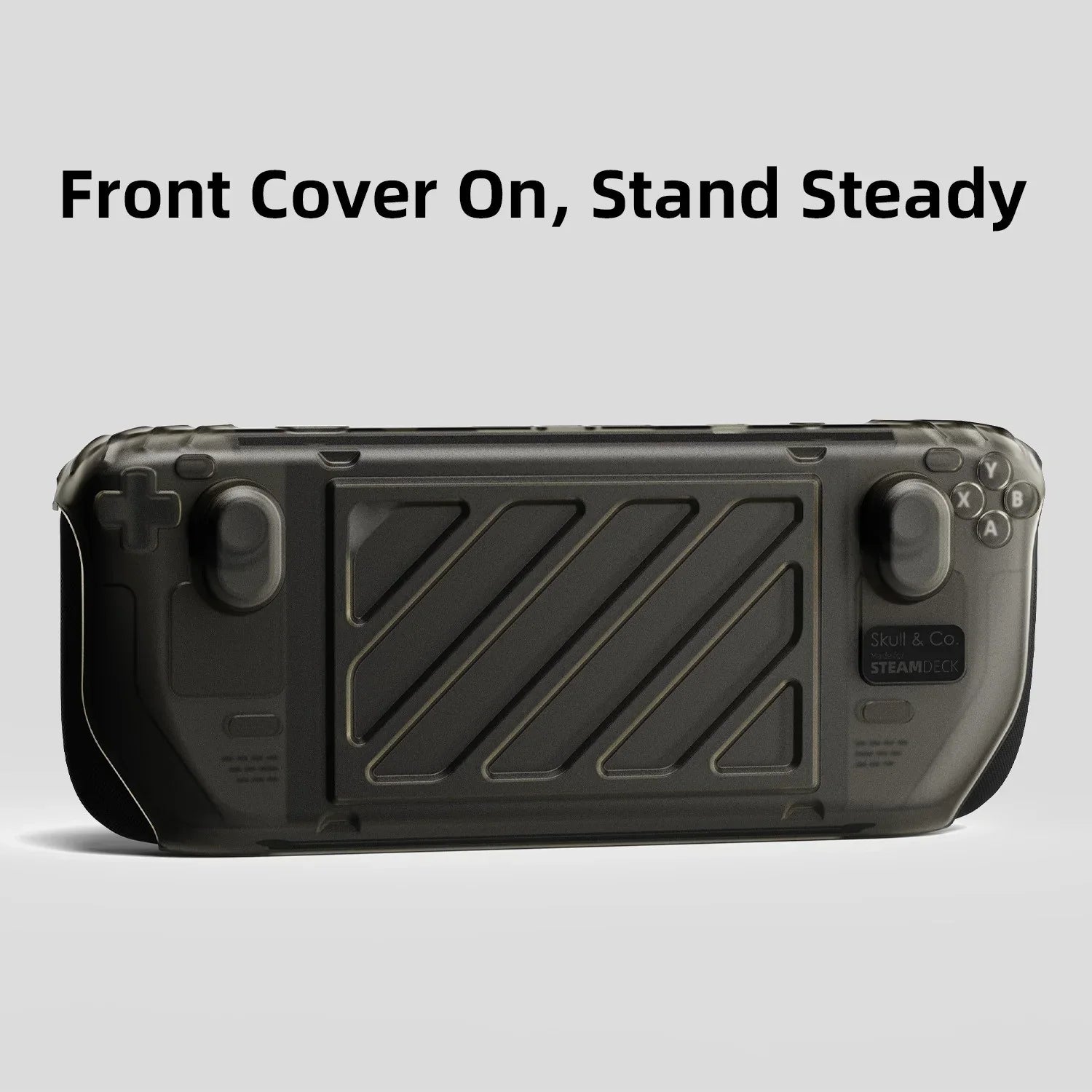 Vỏ bảo vệ màu đen cho máy chơi game, có chữ "Front Cover On, Stand Steady" phía trên.
